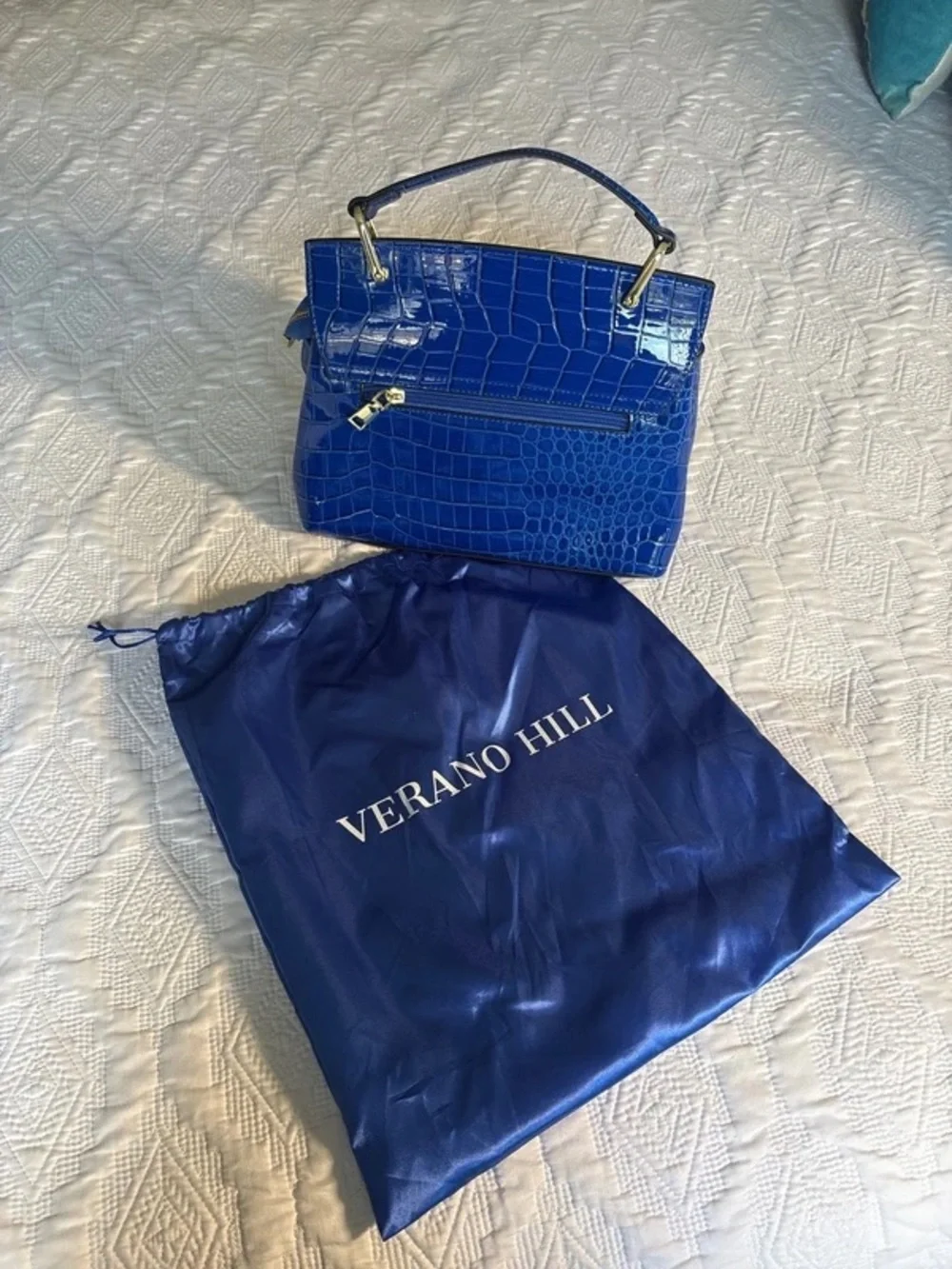 Verano Hill Blue Croc-Embossed Satchel with Gold Accent